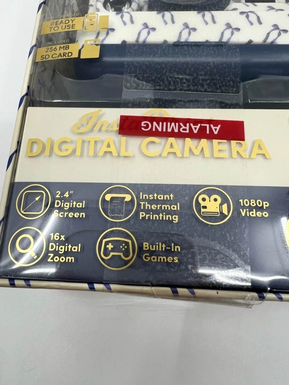 NIB XO Poppy White Digital insta-print Camera with Blue ribbon Accents